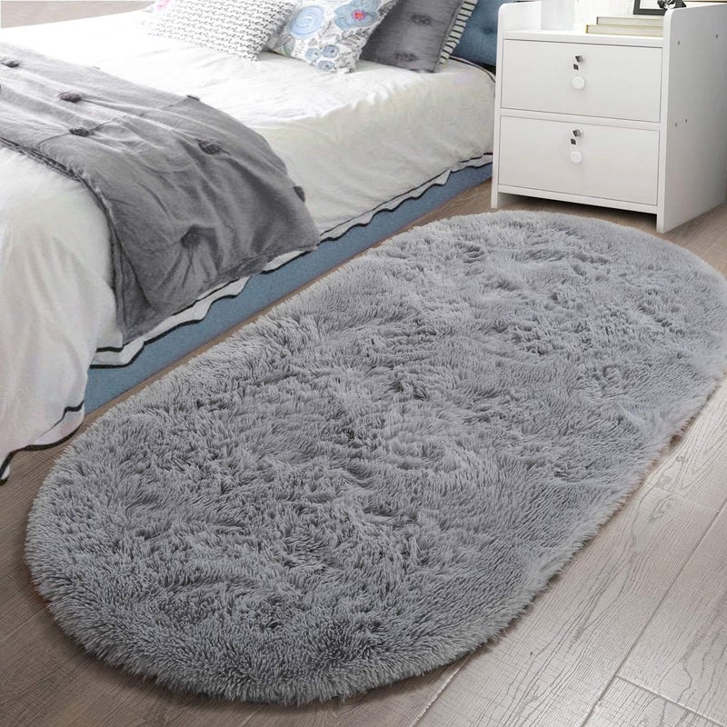 LOCHAS Bedroom Rug 2.6' x 5.3', Gray Fluffy Shaggy Area Rug for Bedroom Bedside, Soft Oval Throw Rugs Carpet for Kids Girls Nursery Living Room Home Decor - Image 1